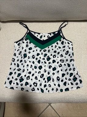 White Leopard-Print Cami with Green & Black V-Neck Trim